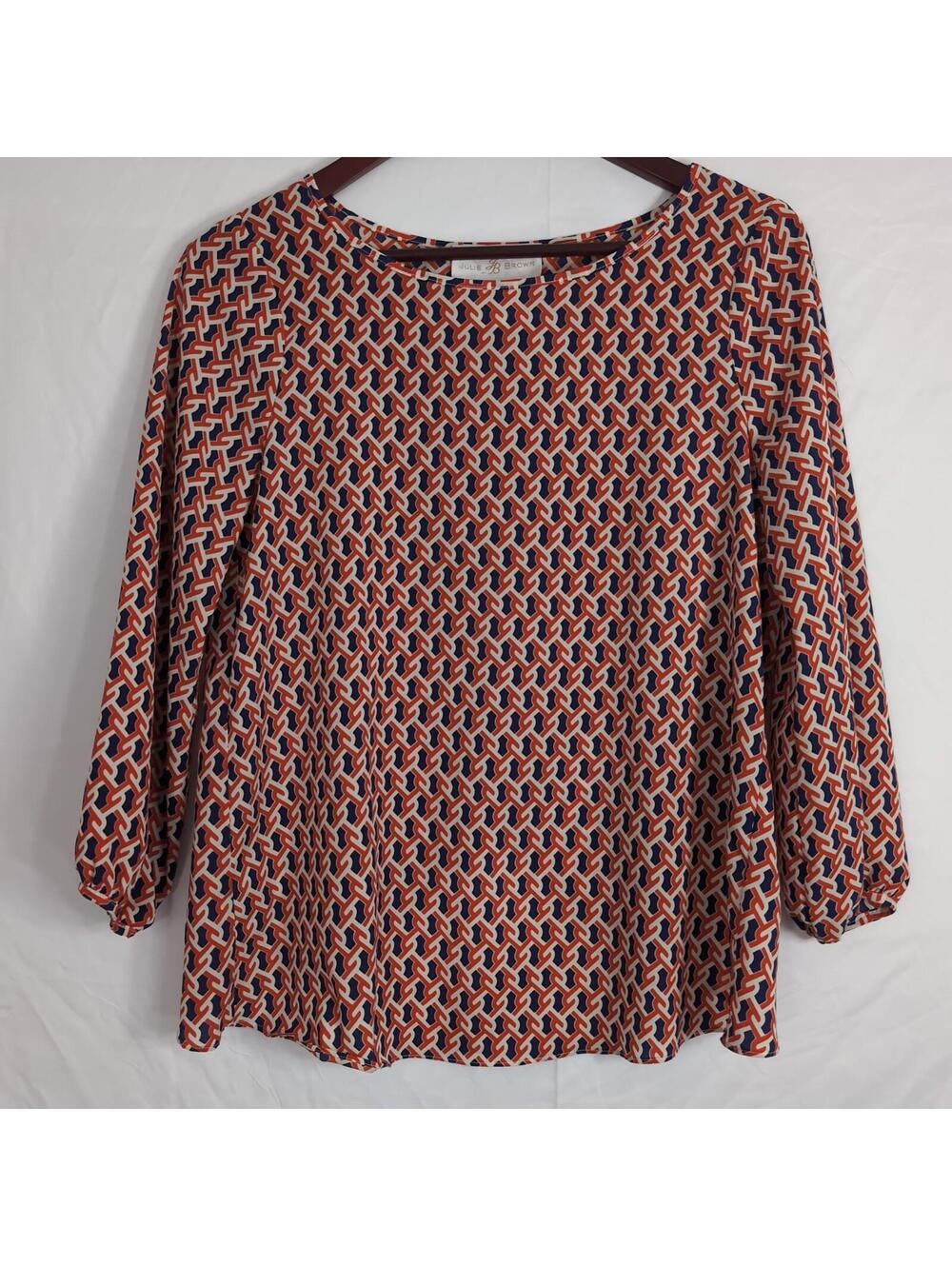 Julie Brown NYC Women's Geometric Blouse Orange Navy Blue Long Sleeve Size 6
